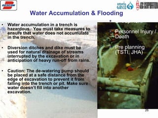 5887-ON-RE-HM-006 26
• Water accumulation in a trench is
hazardous. You must take measures to
ensure that water does not accumulate
in the trench.
• Diversion ditches and dike must be
used for natural drainage of streams
interrupted by the excavation or in
anticipation of heavy run-off from rains.
• Caution: The de-watering pump should
be placed at a safe distance from the
edge of excavation to prevent it from
falling into the trench or pit. Make sure
water doesn’t fill into another
excavation.
Water Accumulation & Flooding
 Entrapment
 Personnel Injury /
Death
 Pre planning
(TSTI, JHA)
 