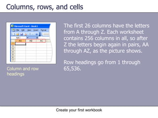Create your first workbookWorkbooks and worksheetsThe first workbook you open is called Book1 in the title bar at the top of the window until you save it with your own title. Sheet tabs are at the bottom of the workbook window.A blank worksheet in a new workbookIt’s a good idea to rename the sheet tabs to make the information on each sheet easier to identify. 