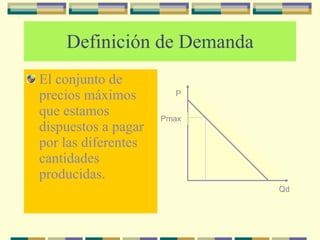 Definición de Demanda El conjunto de precios máximos que estamos dispuestos a pagar por las diferentes cantidades producidas. P Qd Pmax 