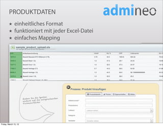 PRODUKTDATEN
        ★      einheitliches Format
        ★      funktioniert mit jeder Excel-Datei
        ★      einfaches Mapping




Friday, March 15, 13
 
