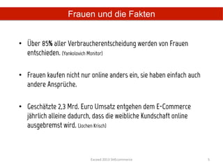 Frauen und die Fakten


•  Über 85% aller Verbraucherentscheidung werden von Frauen
   entschieden. (Yankolovich Monitor)

•  Frauen kaufen nicht nur online anders ein, sie haben einfach auch
   andere Ansprüche.

•  Geschätzte 2,3 Mrd. Euro Umsatz entgehen dem E-Commerce
   jährlich alleine dadurch, dass die weibliche Kundschaft online
   ausgebremst wird. (Jochen Krisch)



                           Exceed	
  2013	
  SHEcommerce	
             5	
  
 