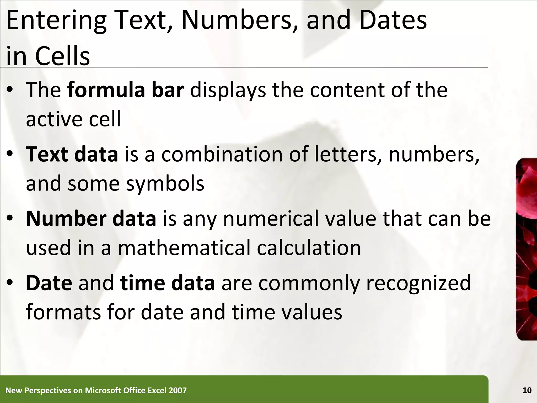 Entering Text, Numbers, and Dates  in Cells The  formula bar  displays the content of the active cell Text data  is a combination of letters, numbers, and some symbols Number data  is any numerical value that can be used in a mathematical calculation Date  and  time data  are commonly recognized formats for date and time values New Perspectives on Microsoft Office Excel 2007 