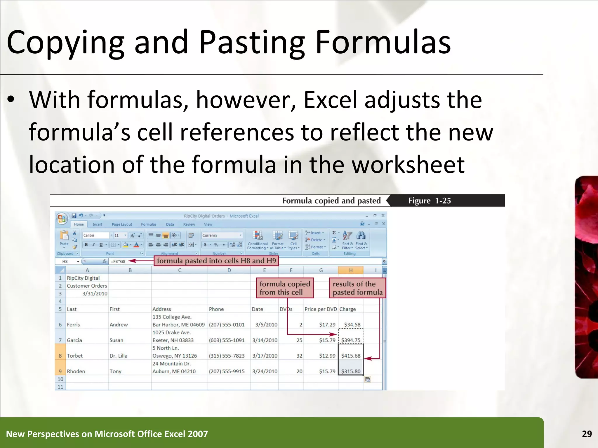 Copying and Pasting Formulas With formulas, however, Excel adjusts the formula’s cell references to reflect the new location of the formula in the worksheet New Perspectives on Microsoft Office Excel 2007 