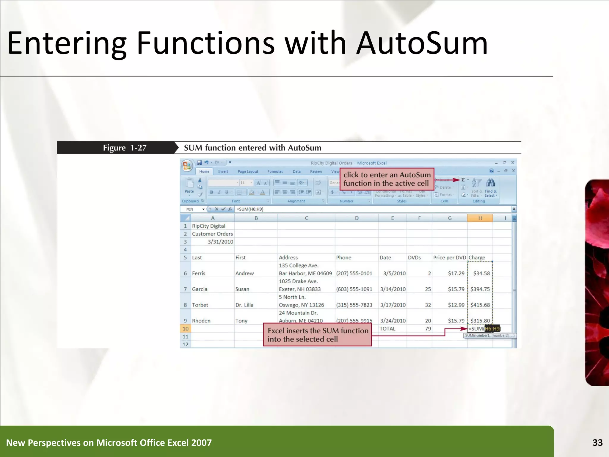 Entering Functions with AutoSum New Perspectives on Microsoft Office Excel 2007 