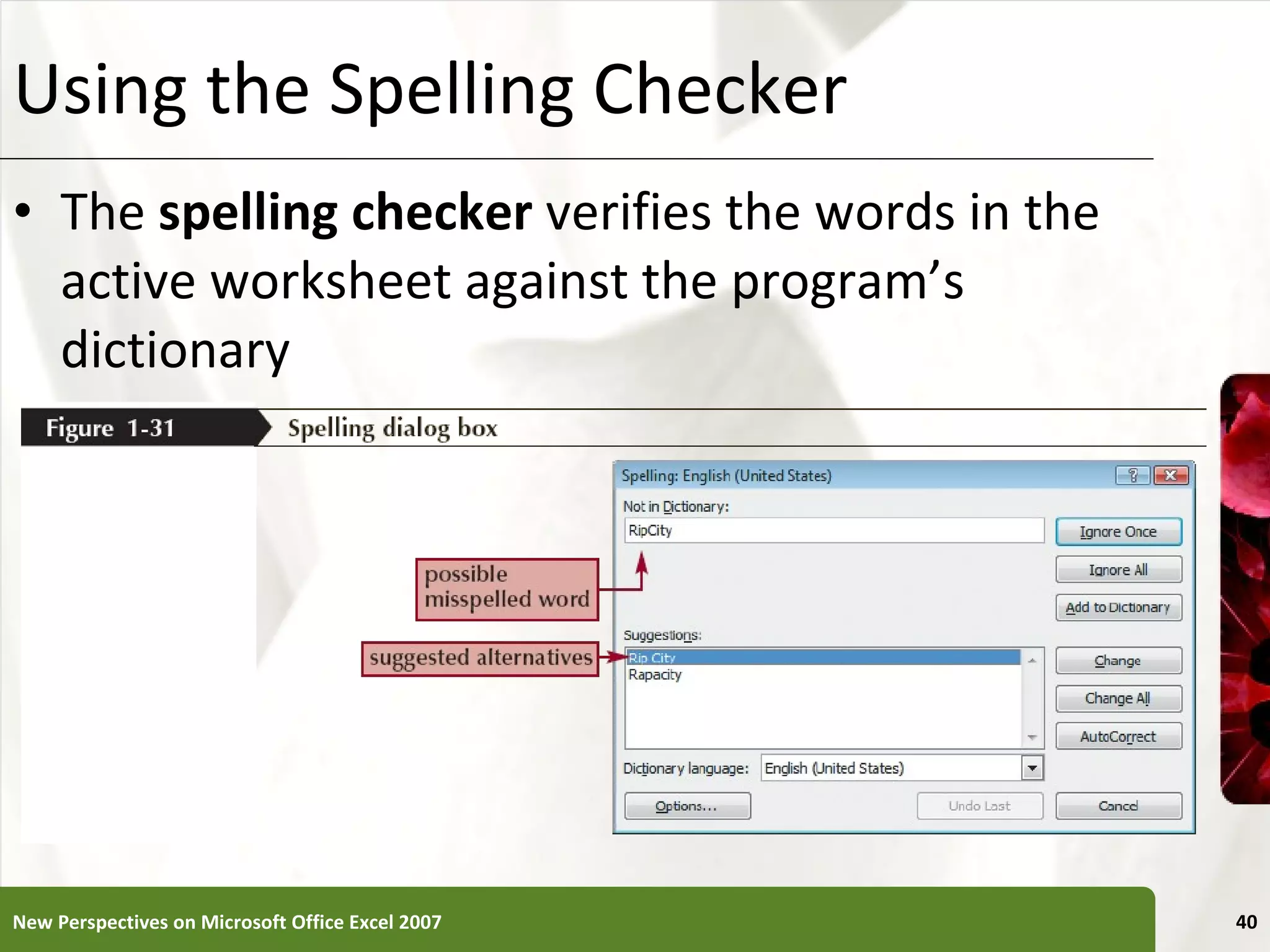 Using the Spelling Checker The  spelling checker  verifies the words in the active worksheet against the program’s dictionary New Perspectives on Microsoft Office Excel 2007 