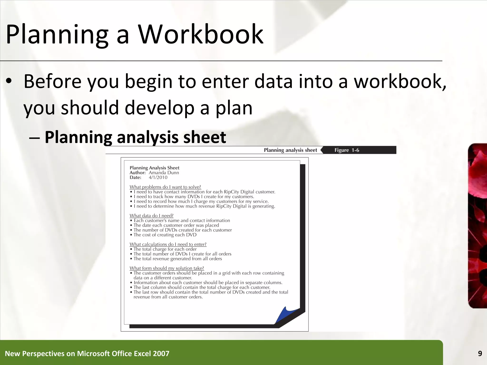 Planning a Workbook Before you begin to enter data into a workbook, you should develop a plan Planning analysis sheet New Perspectives on Microsoft Office Excel 2007 
