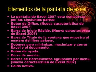 Elementos de la pantalla de excel La pantalla de Excel 2007 esta compuesta por las siguientes partes: Boton de Office. (Nueva característica de Excel 2007)  Barra de Inicio Rápido. (Nueva característica de Excel 2007)  Barra de Título de la ventana que muestra el nombre del libro abierto.  Botones para minimizar, maximizar y cerrar Excel y el documento.  Boton de ayuda.  Barra de menús.  Barras de Herramientas agrupadas por menú. (Nueva característica de Excel 2007)  Celda activa.  