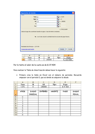 Por lo tanto el valor de la cuota es de $ 37.404

Para realizar la Tabla de Amortización debes hacer lo siguiente:

   •   Primero crea la tabla en Excel con el número de periodos. Recuerda
       empezar con el periodo 0, que es donde se adquiere la deuda
 