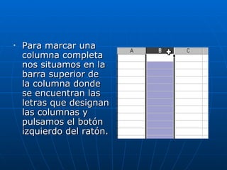 Para marcar una columna completa nos situamos en la barra superior de la columna donde se encuentran las letras que designan las columnas y pulsamos el botón izquierdo del ratón. 