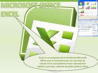 MICROSOFT OFFICE  EXCEL Excel es un programa de la familia de Microsoft Office que se caracteriza por ser una hoja de calculo en la cual podemos hacer operaciones rápidas y precisas, además de poder graficar datos 