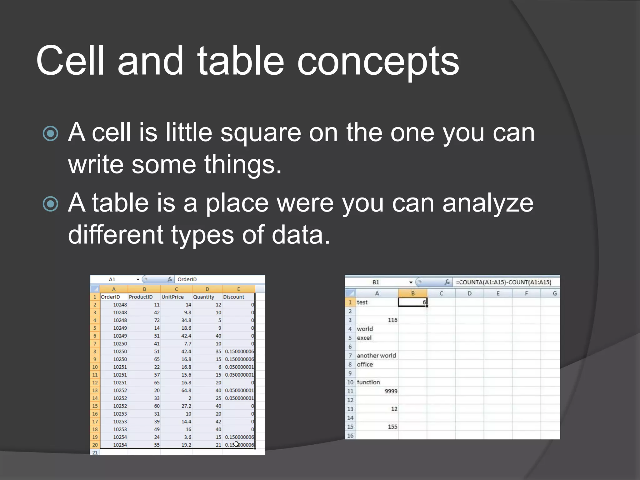 Cell and table conceptsA cell is little square on the one you can write some things.A table is a place were you can analyze different types of data.