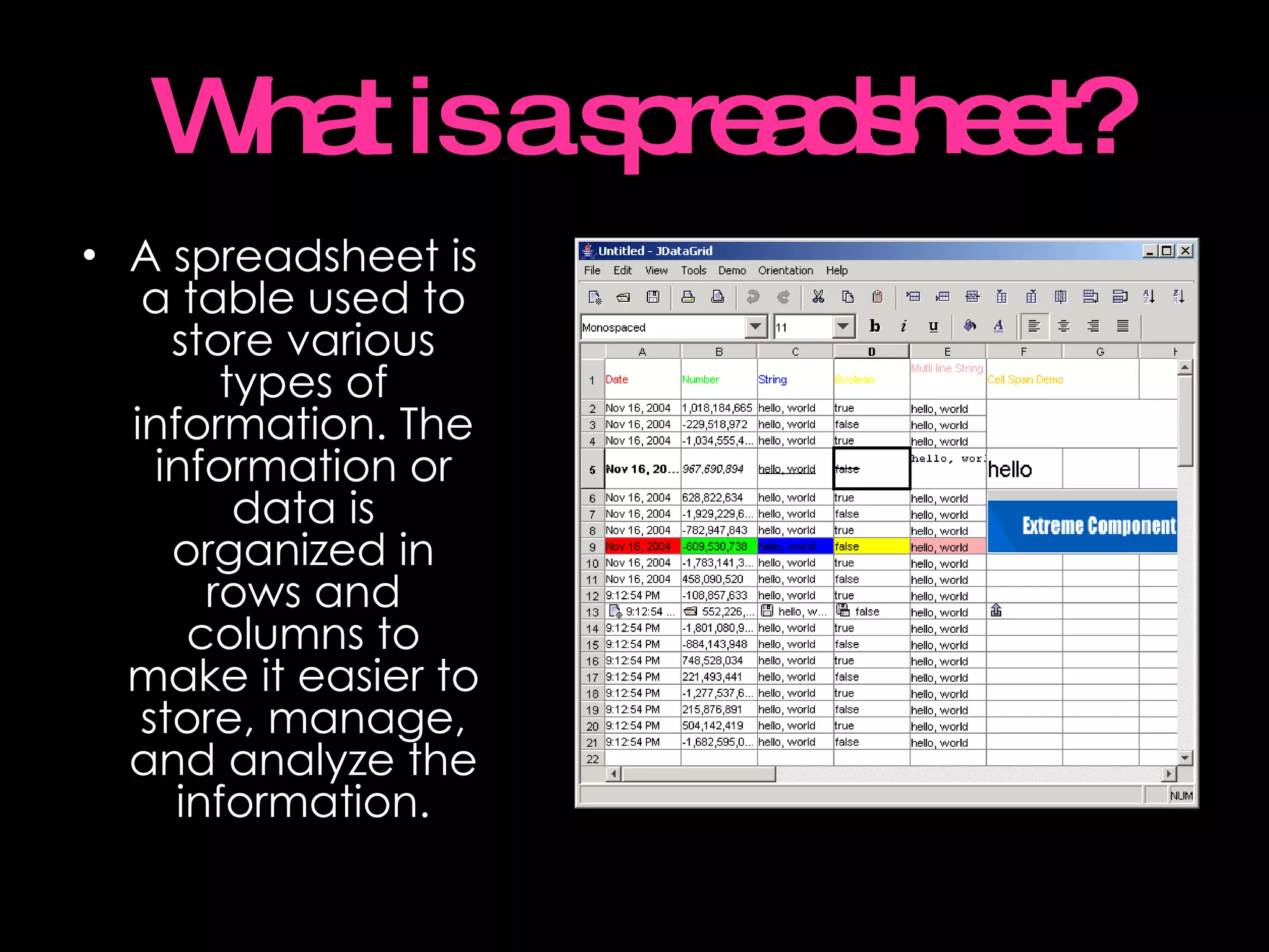 What is a spreadsheet? A spreadsheet is a table used to store various types of information. The information or data is organized in rows and columns to make it easier to store, manage, and analyze the information. 