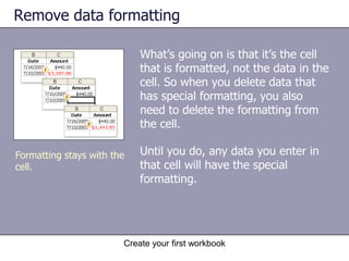 Create your first workbookEdit dataAs the picture shows, after you select the cell:The worksheet says Edit in the lower-left corner, on the status bar. If you don’t see the status bar, click Status Bar on the View menu. The worksheet now says Edit in the status bar. 