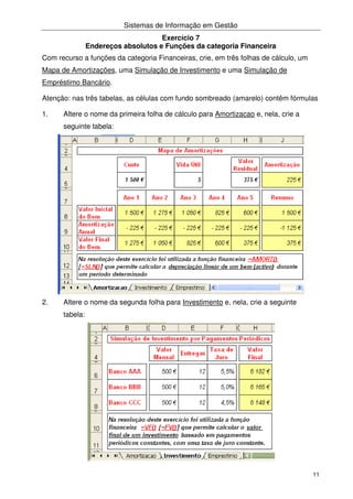 Sistemas de Informação em Gestão
11
Exercício 7
Endereços absolutos e Funções da categoria Financeira
Com recurso a funções da categoria Financeiras, crie, em três folhas de cálculo, um
Mapa de Amortizações, uma Simulação de Investimento e uma Simulação de
Empréstimo Bancário.
Atenção: nas três tabelas, as células com fundo sombreado (amarelo) contêm fórmulas
1. Altere o nome da primeira folha de cálculo para Amortizacao e, nela, crie a
seguinte tabela:
2. Altere o nome da segunda folha para Investimento e, nela, crie a seguinte
tabela:
 
