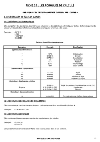FICHE 25 : LES FORMULES DE CALCULS

                         Une formule de calculs commence toujours par le signe =

1. LES FORMULES DE CALCULS SIMPLES

1.1 LES FORMULES ARITHMETIQUES

Elles comportent des constantes, des références cellulaires ou des opérateurs arithmétiques. Ce type de formule permet de
calculer un résultat et de l’afficher dans la cellule dans laquelle la formule a été saisie.

Exemples :    =D7*B17
              =-A25
              =1500*B17
              =B5/$B$4

                                            Tableau des différents opérateurs :

                   Opérateur                              Exemple                            Signification
          Opérateurs arithmétiques

                       *                                   10*8                              Multiplication
                       /                                  B10/B15                              Division
                       -                                  D17-B17                            Soustraction
                       ^                                    5^5                               Puissance
                       +                                    6+7                                Addition
                       %                                   5,5%                              Pourcentage
                       -                                   -B17                              Signe préfixé
         Opérateurs de comparaison

                       =                                  A1=A8                                    Égal
                       <>                                 A1<>A8                                Différent
                       <=                                 A1<=A8                            Inférieur ou égal
                       >=                                 A1>=A8                           Supérieur ou égal
       Opérateurs de plage de cellules

                        :                                A10:D10              Plage de cellules comprises entre A10 et D10
                     Espace                          A10:D10 D10:D15                           Intersection
                        ;                            A10:D10;A15:D10                             Réunion
         Opérateurs de concaténation

                        &                                 A10&D10               Concaténation de chaînes de caractères

1.2 LES FORMULES DE CHAINES DE CARACTERES

Elles permettent de combiner deux ou plusieurs chaînes de caractères en utilisant l’opérateur &.

Exemples :    ="LAURENT"&A20

1.3 LES FORMULES LOGIQUES

Elles contiennent des comparaisons entre des constantes ou des cellules.

Exemples :    =A10>A20
              =A10>=20

Ce type de formule renvoi la valeur Vrai si c'est exact ou Faux dans le cas contraire.




                                             AUTEUR : KARINE PETIT                                                       37
 
