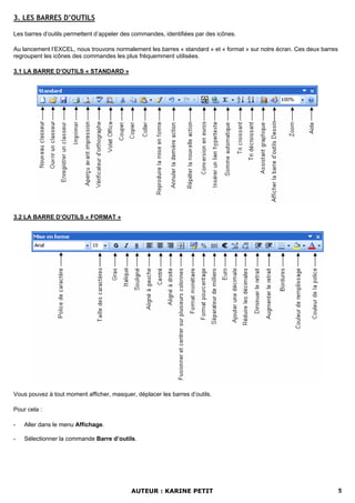 3. LES BARRES D’OUTILS

Les barres d’outils permettent d’appeler des commandes, identifiées par des icônes.

Au lancement l’EXCEL, nous trouvons normalement les barres « standard » et « format » sur notre écran. Ces deux barres
regroupent les icônes des commandes les plus fréquemment utilisées.

3.1 LA BARRE D’OUTILS « STANDARD »




3.2 LA BARRE D’OUTILS « FORMAT »




Vous pouvez à tout moment afficher, masquer, déplacer les barres d’outils.

Pour cela :

-   Aller dans le menu Affichage.

-   Sélectionner la commande Barre d’outils.




                                            AUTEUR : KARINE PETIT                                                        5
 