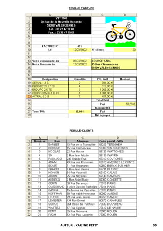 FEUILLE FACTURE




     FEUILLE CLIENTS




AUTEUR : KARINE PETIT   50
 