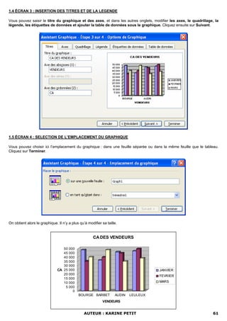 1.4 ÉCRAN 3 : INSERTION DES TITRES ET DE LA LEGENDE

Vous pouvez saisir le titre du graphique et des axes, et dans les autres onglets, modifier les axes, le quadrillage, la
légende, les étiquettes de données et ajouter la table de données sous le graphique. Cliquez ensuite sur Suivant.




1.5 ÉCRAN 4 : SELECTION DE L’EMPLACEMENT DU GRAPHIQUE

Vous pouvez choisir ici l’emplacement du graphique : dans une feuille séparée ou dans la même feuille que le tableau.
Cliquez sur Terminer.




On obtient alors le graphique. Il n’y a plus qu’à modifier sa taille.


                                                     CA DES VENDEURS

                                  50 000
                                  45 000
                                  40 000
                                  35 000
                                  30 000
                               CA 25 000                                             JANVIER
                                  20 000                                             FEVRIER
                                  15 000
                                  10 000                                             MARS
                                   5 000
                                       0
                                            BOURGE BARBET          AUDIN   LEULEUX
                                                           VENDEURS


                                                AUTEUR : KARINE PETIT                                              61
 