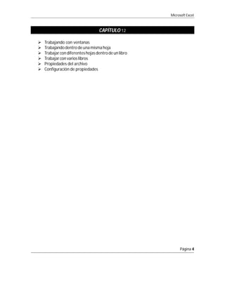 Microsoft Excel



                                   CAPÍTULO 12

   Trabajando con ventanas
   Trabajando dentro de una misma hoja
   Trabajar con diferentes hojas dentro de un libro
   Trabajar con varios libros
   Propiedades del archivo
   Configuración de propiedades




                                                             Página 4
 