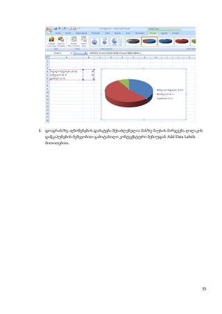 3. დიაგრამაზე აღნიშვნების დამატება შესაძლებელია მასზე მაუსის მარჯვენა ღილაკის
   დაწკაპუნების მეშვეობით გამოტანილი კონტექსტური მენიუდან Add Data Labels
   მითითებით.




                                                                            35
 