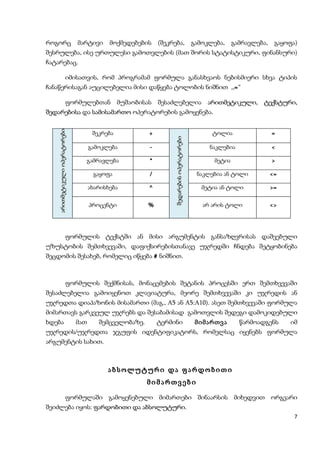 როგორც                        მარტივი      მოქმედებების    (შეკრება,                    გამოკლება,     გამრავლება,    გაყოფა)
შესრულება, ისე ურთულესი გამოთვლების (მათ შორის სტატისტიკური, ფინანსური)
ჩატარებაც.

                      იმისათვის, რომ პროგრამამ ფორმულა განასხვაოს ნებისმიერი სხვა ტიპის
ჩანაწერისაგან აუცილებელია მისი დაწყება ტოლობის ნიშნით ,,= “

     ფორმულებთან მუშაობისას შესაძლებელია არითმეტიკული, ტექსტური,
შედარებისა და სამისამართო ოპერატორების გამოყენება.
   არითმეტიკული ოპერატორები




                                     შეკრება           +                                      ტოლია                  =




                                                                შედარების ოპერატორები
                                    გამოკლება          -                                     ნაკლებია                <

                                გამრავლება             *                                       მეტია                 >

                                     გაყოფა            /                                 ნაკლებია ან ტოლი            <=

                                    ახარისხება         ^                                   მეტია ან ტოლი             >=

                                    პროცენტი           %                                   არ არის ტოლი              <>




                      ფორმულის ტექსტში ან მისი არგუმენტის განსაზღვრისას დაშვებული
უზუსტობის შემთხვევაში, დაფიქსირებისთანავე უჯრედში ჩნდება შეტყობინება
შეცდომის შესახებ, რომელიც იწყება # ნიშნით.



                      ფორმულის შექმნისას, მონაცემების შეტანის პროცესში ერთ შემთხვევაში
შესაძლებელია გამოიყენოთ კლავიატურა, მეორე შემთხვევაში კი უჯრედის ან
უჯრედთა დიაპაზონის მისამართი (მაგ., A5 ან A5:A10). ასეთ შემთხვევაში ფორმულა
მიმართავს გარკვეულ უჯრებს და შესაბამისად გამოთვლის შედეგი დამოკიდებული
ხდება                         მათ      შემცველობაზე.       ტერმინი                       მიმართვა        წარმოადგენს      იმ
უჯრედის/უჯრედთა ჯგუფის იდენტიფიკატორს, რომელსაც იყენებს ფორმულა
არგუმენტის სახით.



                                          აბსოლუტური და ფარდობითი
                                                       მიმართვები

                      ფორმულაში გამოყენებული მიმართები შინაარსის მიხედვით ორგვარი
შეიძლება იყოს: ფარდობითი და აბსოლუტური.
                            აბსოლუტური
                                                                                                                            7
 