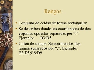 Rangos Conjunto de celdas de forma rectangular Se describen dando las coordenadas de dos esquinas opuestas separadas por “:”. Ejemplo:  B3:D5 Unión de rangos. Se escriben los dos rangos separados por “;”. Ejemplo: B3:D5;C8:D9 