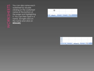 WorksheetsYou can also name each worksheet by double clicking on the worksheet name at the bottom of the page and highlighting it. You can then type in a name. (Or right click on the name and click on RENAME)