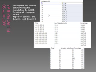 Activity 20Fill formulas To complete the  Totals in  column G drag the formula from G6 to G15.Formulas will change as shownRepeat for column  I and Column J  and  Column K