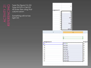 Activity 21ReferencingType the figure 2 In G3Type F6*G3 in Cell G3Hit Enter then drag that column downSomething will not be right !!!!!
