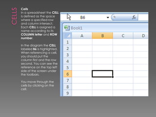 CellsCellsIn a spreadsheet the CELL is defined as the space where a specified row and column intersect. Each CELL is assigned a name according to its COLUMN letter and ROW number. In the diagram the CELL labeled B6 is highlighted. When referencing a cell, you should put the column first and the row second. You can see the reference on the top left side of the screen under the toolbars.You move through the cells by clicking on the cell.