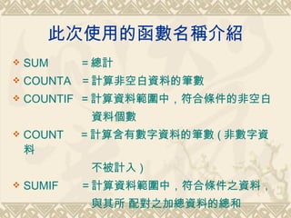˴ʹõĺQB SUM  Ӌ COUNTA  ӋǿհYϵĹP COUNTIF  ӋYϹУϗlķǿհ  Yς COUNT   Ӌ㺬ДYϵĹP ( ǔY Ӌ ) SUMIF   ӋYϹУϗl֮Yϣ c   䌦֮ӿYϵĿ 