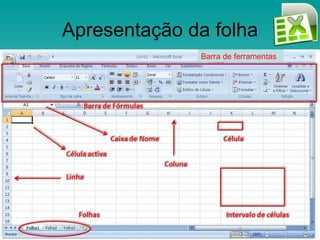 Apresentação da folha Barra de ferramentas 