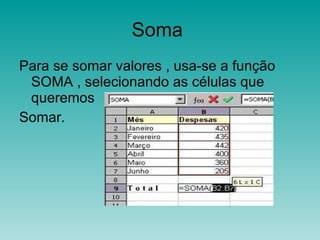 Soma  Para se somar valores , usa-se a função SOMA , selecionando as células que queremos  Somar. 