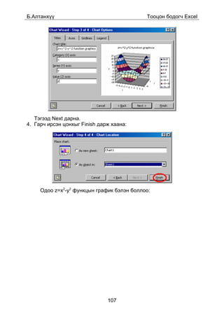 Á.Àëòàíõ¿¿                                  Òîîöîí áîäîã÷ Excel




   Òýãýýä Next äàðíà.
4. Ãàð÷ èðñýí öîíõûã Finish äàðæ õààíà:




     Îäîî z=x2-y2 ôóíêöûí ãðàôèê áýëýí áîëëîî:




                               107
 