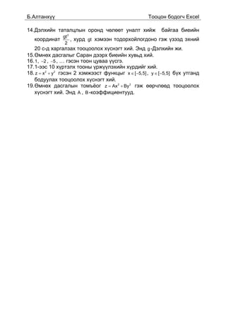 Á.Àëòàíõ¿¿                                            Òîîöîí áîäîã÷ Excel

14.Äýëõèéí òàòàëöëûí îðîíä ÷ºëººò óíàëò õèéæ                áàéãàà áèåèéí
                 2
               gt
   êîîðäèíàò      , õóðä gt õýìýýí òîäîðõîéëîãäîíî ãýæ ¿çýýä ýõíèé
                2
   20 ñ-ä õàðãàëçàõ òîîöîîëîõ õ¿ñíýãò õèé. Ýíä g -Äýëõèéí æè.
15.ªìíºõ äàñãàëûã Ñàðàí äýýðõ áèåèéí õóâüä õèé.
16. 1 , −2 , −5 , … ãýñýí òîîí öóâàà ¿¿ñãý.
17.1-ýýñ 10 õ¿ðòýëõ òîîíû ¿ðæ¿¿ëýõèéí õ¿ðäèéã õèé.
18. z = x 2 + y 2 ãýñýí 2 õýìæýýñò ôóíêöûã x ∈ [−5,5] , y ∈ [−5,5] á¿õ óòãàíä
   áîäóóëàõ òîîöîîëîõ õ¿ñíýãò õèé.
19.ªìíºõ äàñãàëûí òîìú¸îã z = Ax 2 + By 2 ãýæ ººð÷ëººä òîîöîîëîõ
   õ¿ñíýãò õèé. Ýíä A , B -êîýôôèöèåíòóóä.
 