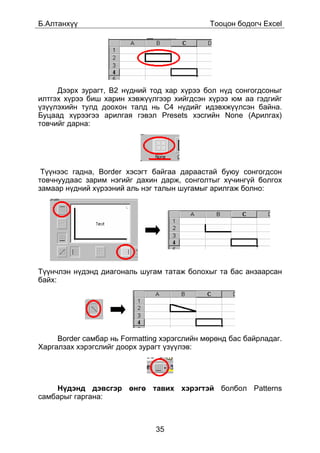 Á.Àëòàíõ¿¿                                   Òîîöîí áîäîã÷ Excel




     Äýýðõ çóðàãò, B2 í¿äíèé òîä õàð õ¿ðýý áîë í¿ä ñîíãîãäñîíûã
èëòãýõ õ¿ðýý áèø õàðèí õýâæ¿¿ëãýýð õèéãäñýí õ¿ðýý þì àà ãýäãèéã
¿ç¿¿ëýõèéí òóëä äîîõîí òàëä íü C4 í¿äèéã èäýâõæ¿¿ëñýí áàéíà.
Áóöààä õ¿ðýýãýý àðèëãàÿ ãýâýë Presets õýñãèéí None (Àðèëãàõ)
òîâ÷èéã äàðíà:




 Ò¿¿íýýñ ãàäíà, Border õýñýãò áàéãàà äàðààñòàé áóþó ñîíãîãäñîí
òîâ÷íóóäààñ çàðèì íýãèéã äàõèí äàðæ, ñîíãîëòûã õ¿÷èíã¿é áîëãîõ
çàìààð í¿äíèé õ¿ðýýíèé àëü íýã òàëûí øóãàìûã àðèëãàæ áîëíî:




Ò¿¿í÷ëýí í¿äýíä äèàãîíàëü øóãàì òàòàæ áîëîõûã òà áàñ àíçààðñàí
áàéõ:




     Border ñàìáàð íü Formatting õýðýãñëèéí ìºðºíä áàñ áàéðëàäàã.
Õàðãàëçàõ õýðýãñëèéã äîîðõ çóðàãò ¿ç¿¿ëýâ:




    Í¿äýíä äýâñãýð ºíãº òàâèõ õýðýãòýé áîëáîë Patterns
ñàìáàðûã ãàðãàíà:



                               35
 