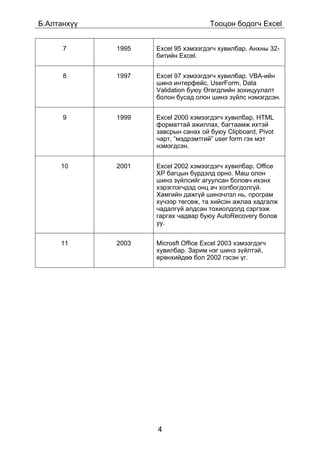 Á.Àëòàíõ¿¿                            Òîîöîí áîäîã÷ Excel


      7      1995   Excel 95 õýìýýãäýã÷ õóâèëáàð. Àíõíû 32-
                    áèòèéí Excel.


      8      1997   Excel 97 õýìýýãäýã÷ õóâèëáàð. VBA-èéí
                    øèíý èíòåðôåéñ, UserForm, Data
                    Validation áóþó ªãºãäëèéí çîõèöóóëàëò
                    áîëîí áóñàä îëîí øèíý ç¿éëñ íýìýãäñýí.


      9      1999   Excel 2000 õýìýýãäýã÷ õóâèëáàð. HTML
                    ôîðìàòòàé àæèëëàõ, áàãòààìæ èõòýé
                    çàâñðûí ñàíàõ îé áóþó Clipboard, Pivot
                    ÷àðò, “ìýäðýìòãèé” user form ãýõ ìýò
                    íýìýãäñýí.


     10      2001   Excel 2002 õýìýýãäýã÷ õóâèëáàð. Office
                    XP áàãöûí á¿ðäýëä îðíî. Ìàø îëîí
                    øèíý ç¿éëñèéã àãóóëñàí áîëîâ÷ èõýíõ
                    õýðýãëýã÷äýä îíö à÷ õîëáîãäîëã¿é.
                    Õàìãèéí äàæã¿é øèíý÷ëýë íü, ïðîãðàì
                    õ¿÷ýýð òºãñºæ, òà õèéñýí àæëàà õàäãàëæ
                    ÷àäàëã¿é àëäñàí òîõèîëäîëä ñýðãýýæ
                    ãàðãàõ ÷àäâàð áóþó AutoRecovery áîëîâ
                    óó.


     11      2003   Microsft Office Excel 2003 õýìýýãäýã÷
                    õóâèëáàð. Çàðèì íýã øèíý ç¿éëòýé,
                    åðºíõèéäºº áîë 2002 ãýñýí ¿ã.




                    4
 