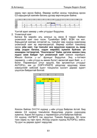 Á.Àëòàíõ¿¿                                     Òîîöîí áîäîã÷ Excel

  õàðèó ãàð÷ èðñýí áàéíà. ªºðººð õýëáýë àíõíû òîìú¸îíä îðñîí
  C3 õàðüöàíãóé õàÿãèéí áàãàíû äóãààð ººð÷ëºãäñºí áàéíà:




   ¯¿íòýé àäèë çàìààð y -èéí óòãóóäûã áîäóóëíà.
2. ¯íýìëýõ¿é õàÿã
   Áàãàíà áà ìºðèéí àëü àëèíûõ íü ºìíº $ òýìäýã áàéâàë
   ¿íýìëýõ¿é õàÿã ãýíý ãýñýí. Òóõàéëáàë $À$1, $Ñ$4 ãýõ ìýò.
   Õàðüöàíãóé õàÿãààñ ÿëãààòàé íü, òîìú¸îã ººð í¿äýíä õóâèëàõàä
   ¿íýìëýõ¿é õàÿã åð ººð÷ëºãäºõã¿é. ªºðººð õýëáýë òîìú¸îíä
   îðñîí èéì õàÿã, òýð òîìú¸îã àíõ îðóóëñàí í¿äíýýñ íü ÿìàð
   çàéä (õýäýí áàãàíà, õýäýí ìºðèéí) õóâèëæ áóéãààñ ¿ë
   õàìààðàí òîãòâîðòîé, “áýõëýãäñýí” áàéæ, ¿ðãýëæ çºâõºí ãàíö
   í¿äýý çààæ áàéäàã òóë ¿íýìëýõ¿é õàÿã õýìýýí íýðèéäíý.
   Æèøýý áîëãîæ y = ax 2 ôóíêöûã áîäóóëúÿ. Ýíä a -òîãòìîë
   ïàðàìåòð. x -èéí óòãóóä íü ºìíºõ á¿ëýãò àâñàíòàé àäèë áàéã. a = 2
   áîëîã. Ïàðàìåòðûí óòãûã îðóóëæ, áàñ àðãóìåíòûí óòãóóäûã
   AUTOFILL þì óó COPY+PASTE ¿éëäëýýð îðóóëààä çîõèõ
   õýâæ¿¿ëãèéã õèéñíèé ýöýñò òîîöîîëîõ õ¿ñíýãò äàðààõ çóðàãò
   ¿ç¿¿ëñýí áàéäàëòàé áîëãî¸:




  Õîîñîí áàéãàà Ñ4:Ñ14 í¿äýíä y -èéí óòãóóä áàéðëàõ ¸ñòîé. Áèä
  çºâõºí C4 í¿äýíä òîìú¸îãîî áîäóóëààä ¿ëäñýí í¿äí¿¿äýä
  õóâèëíà. Õàðèí À4 í¿äýíä a ïàðàìåòðûí óòãà áàéðëàæ áàéãàà.
  Ñ4 í¿äýíä =A4*B4^2 ãýæ îðóóëúÿ. Òîìú¸î áîäîãäîæ, 50 ãýñýí
  òîîí õàðèó íü ãàð÷ èðíý. Èíãýýä ¿ëäñýí í¿äýíä AUTOFILL õèéíý.
  ¯ð ä¿íã íü äàðààõ çóðàãò õàðóóëàâ:


                                61
 
