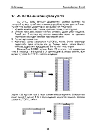 Á.Àëòàíõ¿¿                                   Òîîöîí áîäîã÷ Excel



17. AUTOFILL àøèãëàí öóâàà ¿¿ñãýõ
     AUTOFILL áóþó àâòîìàò ä¿¿ðãýëòèéí ¿éëäýë àøèãëàí òà
òîäîðõîé ìóæèä, ýðýìáýëýãäñýí ºãºãäë¿¿ä áóþó öóâàà ¿¿ñãýæ áîëíî.
¯¿íèé òóëä äàðààõ ¿éëäë¿¿äèéã äýñ äàðààòàé ã¿éöýòãýíý:
1. Ìóæèéí ýõíèé í¿äèéã ñîíãîæ, öóâààíû ýõëýõ óòãûã îðóóëíà.
2. Ìóæèéí õî¸ð äàõü í¿äèéã ñîíãîæ, öóâààíû óäààõ óòãûã îðóóëíà.
   Ýõíèé ýíý 2 í¿äýíä àãóóëàãäàõ ºãºãäëèéí çºðºº íü öóâààíû
   ãèø¿¿äèéí íýìýãäýõ õýìæýýã òîäîðõîéëæ ºãíº.
3. Ýäãýýð í¿äýý ñîíãîíî.
4. Õàðãàëçàõ ìóæàà õàìðóóëàí AUTOFILL õèéíý. ªñãºõ ÷èãëýëýýð
   ä¿¿ðãýõèéí òóëä äîîøîî þì óó áàðóóí òèéø, õàðèí áóóðàõ
   ÷èãëýëä ä¿¿ðãýõèéí òóëä äýýøýý þì óó ç¿¿í òèéø ÷èðíý.
     Æèøýýëáýë Â1:Â20 ìóæèä 1-ýýñ 20 õ¿ðòýëõ òîîã îðóóëàõûí
òóëä Â1 í¿äýíä 1, Â2 í¿äýíä 2-ûã îðóóëààä Â1:Â2 í¿äýý ñîíãîæ, Â20
í¿äèéã äóóñòàë AUTOFILL õèéãýýä ë ã¿éöýý:




Õýðýâ 1-22 õ¿ðòýëõ òîîã 3 ãýñýí àëõàìòàéãààð ººð÷èëæ, áàéðëóóëúÿ
ãýâýë ýõíèé 2 í¿äýíä 1 áà 4 ãýæ îðóóëààä õàðãàëçàõ ìóæèéí òºãñãºë
õ¿ðòýë AUTOFILL õèéíý:




                               65
 