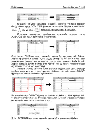 Á.Àëòàíõ¿¿                                       Òîîöîí áîäîã÷ Excel




     ªíöãèéí ñèíóñûí àäèëààð ºíöãèéí êîñèíóñ, òàíãåíñ çýðãèéã
áîäóóëàõûí òóëä COS, TAN ôóíêöûã àøèãëàíà. Õàðèí êîòàíãåíñûã
          1               cos α
ctgα =       þì óó ctgα =       òîìú¸îíû òóñëàìæòàé áîäóóëíà.
         tgα              sinα
    ªãºãäñºí òîîíóóäûí àðèôìåòèê äóíäæèéã              îëîõûí   òóëä
AVERAGE ôóíêöûã àøèãëàíà. Òóõàéëáàë:




Ýíý ôóíêö SUM-ûí àäèë õàìãèéí èõäýý 30 àðãóìåíòòàé áàéíà.
Õýðýâ àðãóìåíòûã èëýýð áóþó øóóä óòãààð íü áè÷èæ áàéãàà áîë
çºâõºí òîîí ºãºãäºë þì óó òîî ä¿ðñýëñýí òåêñò ºãºãäºë áàéõ ¸ñòîé.
Õàðèí õàÿãààð áè÷èæ áàéãàà áîë õîîñîí þì óó òåêñò, ëîãèê ºãºãäºë
àãóóëñàí í¿äí¿¿ä òîîöîãääîãã¿é.
     Çààñàí ìóæèä õý÷íýýí òîîí ºãºãäºë àãóóëàãäàæ áóéã, ººðººð
õýëáýë òîîí óòãà àãóóëñàí í¿ä õýä áàéãààã òîãòîî¸ ãýâýë COUNT
ôóíêöûã àøèãëàõ õýðýãòýé. Òóõàéëáàë:




Çóðãàà õàðàõàä COUNT ôóíêö íü çààñàí ìóæèéí õîîñîí í¿äí¿¿äèéã
òîîëîõã¿é àëãàñ÷ áàéíà. Ò¿¿íýýñ ãàäíà ëîãèê, òåêñò ºãºãäºë àãóóëñàí
í¿äí¿¿äèéã ìºí õýðýãñýõã¿é àëãàñäàã:




SUM, AVERAGE-ûí àäèë õàìãèéí èõäýý 30 àðãóìåíòòàé áàéíà.



                                  70
 