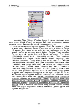 Á.Àëòàíõ¿¿                                     Òîîöîí áîäîã÷ Excel




      Èíãýõýä Chart Wizard (Ãðàôèê á¿òýýã÷) ãýñýí õàðèëöàõ öîíõ
ãàð÷ èðäýã. Chart Wizard íü ãðàôèê áàéãóóëàõ äàðààëñàí äºðâºí
àëõàìûã ñàíàë áîëãîíî. Ýäãýýðòýé òàíèëöàõ õýðýãòýé.
1. Íýãä¿ãýýð àëõàìä ãðàôèêèéí òºðëèéã (Chart Type) ñîíãîíî. Ýíý
   àëõàìä öîíõ Standard Types (Ñòàíäàðò òºðºë), Custom Types
   (Ñòàíäàðò áóñ òºðºë) ãýñýí õî¸ð ¿íäñýí ñàìáàðààñ òîãòîõ áà
   ýõíèé ñàìáàð íü èë ãàð÷ èðñýí áàéíà. Custom Types ñàìáàð
   áèäýíä õýðýãã¿é. Õàðèí Standard Types ñàìáàðûí Chart type
   (Ãðàôèêèéí òºðºë) õýñýãò ãðàôèêèéí òºðë¿¿ä, Chart sub-type
   (Ãðàôèêèéí äýä òºðºë) õýñýãò òóõàéí òºðºëä õàðãàëçàõ äýä
   òºðë¿¿ä õàðàãäàíà. ªðãºí àøèãëàãääàã íü òºðë¿¿ä áîë Column
   (Áîñîî áàãàíàí äèàãðàìì), Bar (Õýâòýý áàãàíàí äèàãðàìì), Line
   (Õýð÷èìò), Pie (Äóãóé äèàãðàìì), XY Scatter (XY êîîðäèíàòûí
   ñèñòåì), Area (Òàëáàé) çýðýã òºðë¿¿ä þì. Áèä 2 õýìæýýñò
   Äåêàðòûí êîîðäèíàòûí ñèñòåìä, àáñöèññ (xýâòýý) òýíõëýãèéí
   äàãóó x-èéí óòãóóäûã, îðäèíàò (áîñîî) òýíõëýãèéí äàãóó y-èéí
   óòãóóäûã àâ÷, ãðàôèêèéã áàéãóóëàõ ¸ñòîé. ¯¿íä òîõèðîõ òºðºë íü
   XY Scatter ó÷ðààñ ò¿¿íèéã ñîíãîíî. Òýãìýãö Chart sub-type õýñýãò
   äýä òºðë¿¿ä ãàð÷ èðíý. Ýíä, çºâõºí öýã¿¿äèéã òàâèõ; öýã¿¿äèéã
   òàâèàä õîîðîíä íü íàðèéâ÷ëàí õîëáîõ; öýã¿¿äèéã òàâèëã¿é
   õîîðîíä íü íàðèéâ÷ëàí õîëáîõ; öýã¿¿äèéã òàâèàä õîîðîíä íü
   õýð÷ìýýð õîëáîõ; öýã¿¿äèéã òàâèëã¿é õîîðîíä íü õýð÷ìýýð
   õîëáîõ ãýñýí 5 ñîíãîëò áàéãààãààñ õî¸ð äàõèéã ñîíãî¸. Òýãýýä
   Next òîâ÷ äàðæ, äàðààãèéí àëõàìä øèëæèíý. Äîîðõ çóðàãò ýíý
   á¿õíèéã õàðóóëëàà:




                                88
 