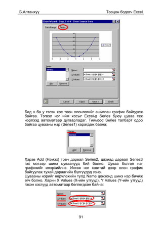 Á.Àëòàíõ¿¿                                    Òîîöîí áîäîã÷ Excel




  Áèä õ áà ó ãýñýí õîñ òîîí îëîíëîãèéã àøèãëàí ãðàôèê áàéãóóëæ
  áàéãàà. Òýãâýë íýã èéì õîñûã Excel-ä Series áóþó öóâàà ãýæ
  íýðëýýä àâòîìàòààð äóãààðëàäàã. Òèéìýýñ Series òàëáàðò îäîî
  áàéãàà öóâààíû íýð (Series1) õàðàãäàæ áàéíà:




  Õýðýâ Add (Íýìýõ) òîâ÷ äàðâàë Series2, äàõèàä äàðâàë Series3
  ãýõ ìýòýýð øèíý öóâààíóóä áèé áîëíî. Öóâàà áîëãîí íýã
  ãðàôèêèéã èëýðõèéëíý. Èíãýæ íýã õàâòãàé äýýð îëîí ãðàôèê
  áàéãóóëàõ òóõàé äàðààãèéí á¿ëã¿¿äýä ¿çíý.
  Öóâààíû íýðèéã ººð÷ëºõèéí òóëä Name öîíõîíä øèíý íýð áè÷èæ
  ºã÷ áîëíî. Õàðèí Õ Values (X-èéí óòãóóä), Y Values (Y-èéí óòãóóä)
  ãýñýí õýñã¿¿ä àâòîìàòààð áºãëºãäñºí áàéíà:




                               91
 