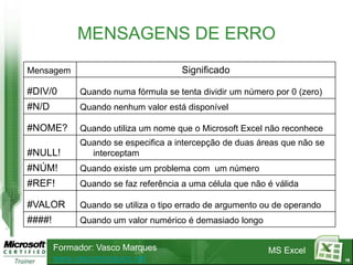 MENSAGENS DE ERRO
Mensagem                              Significado

#DIV/0       Quando numa fórmula se tenta dividir um número por 0 (zero)
#N/D         Quando nenhum valor está disponível

#NOME?       Quando utiliza um nome que o Microsoft Excel não reconhece
             Quando se especifica a intercepção de duas áreas que não se
#NULL!         interceptam
#NÚM!        Quando existe um problema com um número
#REF!        Quando se faz referência a uma célula que não é válida

#VALOR       Quando se utiliza o tipo errado de argumento ou de operando
####!        Quando um valor numérico é demasiado longo


        Formador: Vasco Marques                            MS Excel
        www.vascomarques.net                                               15
 