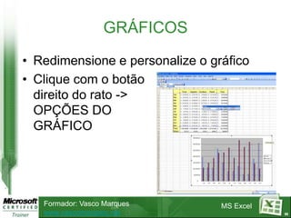 GRÁFICOS
• Redimensione e personalize o gráfico
• Clique com o botão
  direito do rato ->
  OPÇÕES DO
  GRÁFICO




   Formador: Vasco Marques       MS Excel
   www.vascomarques.net                     55
 