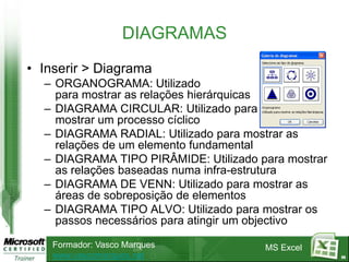 DIAGRAMAS
• Inserir > Diagrama
  – ORGANOGRAMA: Utilizado
    para mostrar as relações hierárquicas
  – DIAGRAMA CIRCULAR: Utilizado para
    mostrar um processo cíclico
  – DIAGRAMA RADIAL: Utilizado para mostrar as
    relações de um elemento fundamental
  – DIAGRAMA TIPO PIRÂMIDE: Utilizado para mostrar
    as relações baseadas numa infra-estrutura
  – DIAGRAMA DE VENN: Utilizado para mostrar as
    áreas de sobreposição de elementos
  – DIAGRAMA TIPO ALVO: Utilizado para mostrar os
    passos necessários para atingir um objectivo

    Formador: Vasco Marques            MS Excel
    www.vascomarques.net                             56
 