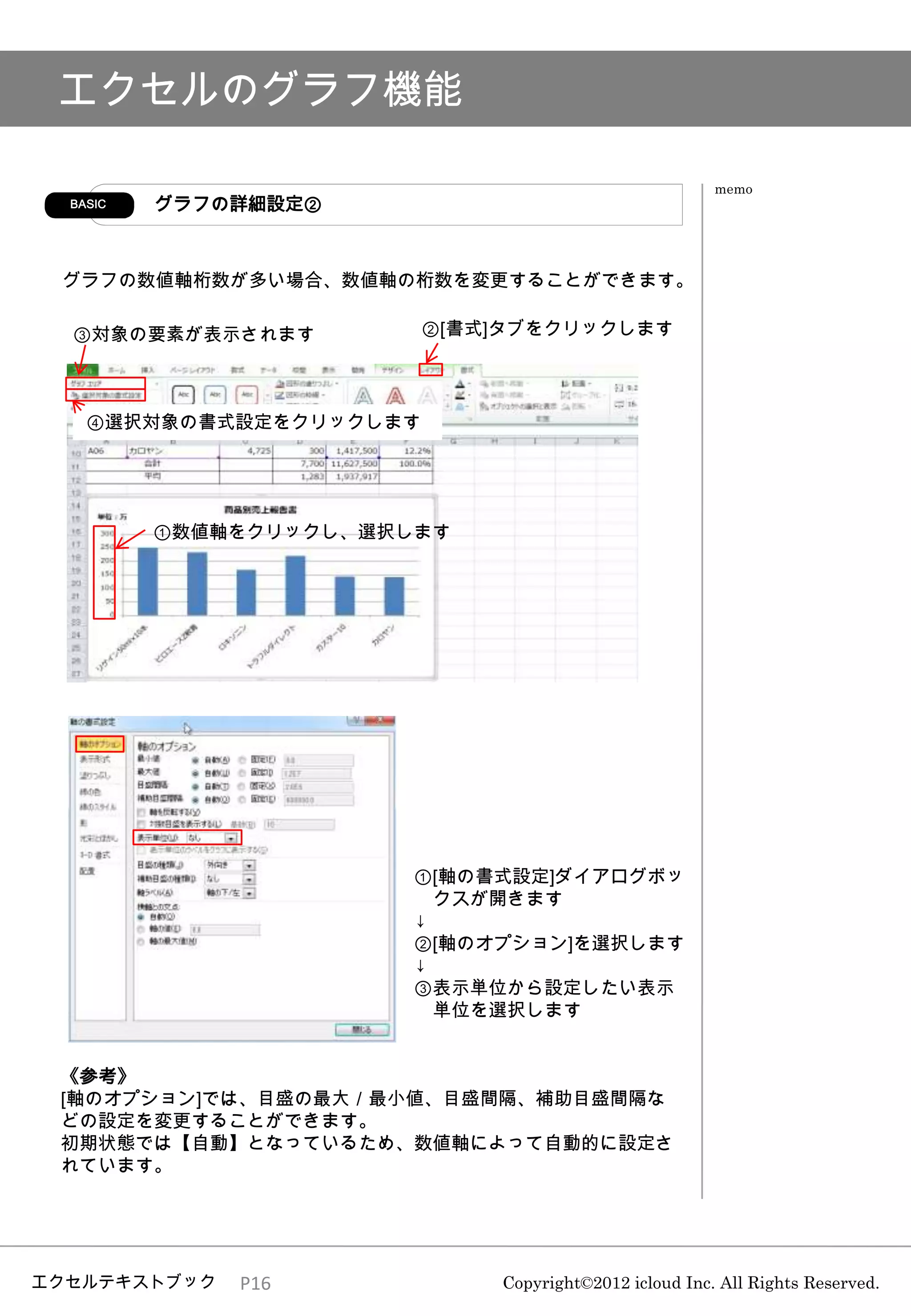 エクセルのグラフ機能

                                                       memo
  BASIC   グラフの詳細設定②



 グラフの数値軸桁数が多い場合、数値軸の桁数を変更することができます。

  ③対象の要素が表示されます          ②[書式]タブをクリックします




    ④選択対象の書式設定をクリックします




          ①数値軸をクリックし、選択します




                        ①[軸の書式設定]ダイアログボッ
                          クスが開きます
                        ↓
                        ②[軸のオプション]を選択します
                        ↓
                        ③表示単位から設定したい表示
                          単位を選択します


 《参考》
 [軸のオプション]では、目盛の最大／最小値、目盛間隔、補助目盛間隔な
 どの設定を変更することができます。
 初期状態では【自動】となっているため、数値軸によって自動的に設定さ
 れています。




エクセルテキストブック   P16            Copyright©2012 icloud Inc. All Rights Reserved.
 