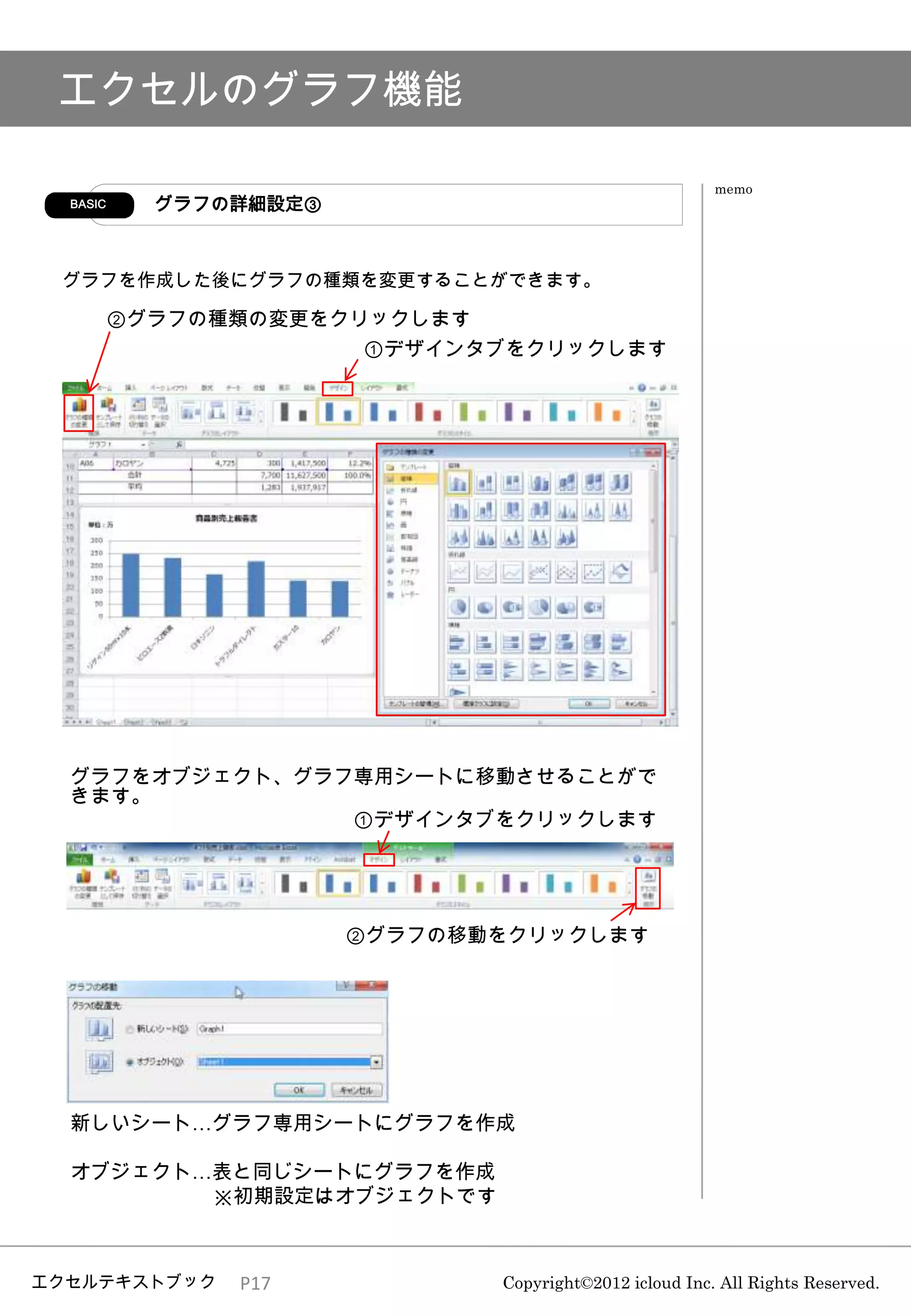 エクセルのグラフ機能

                                                         memo
  BASIC     グラフの詳細設定③



 グラフを作成した後にグラフの種類を変更することができます。

          ②グラフの種類の変更をクリックします
                       ①デザインタブをクリックします




  グラフをオブジェクト、グラフ専用シートに移動させることがで
  きます。
                ①デザインタブをクリックします




                        ②グラフの移動をクリックします




  新しいシート…グラフ専用シートにグラフを作成

  オブジェクト…表と同じシートにグラフを作成
         ※初期設定はオブジェクトです



エクセルテキストブック     P17            Copyright©2012 icloud Inc. All Rights Reserved.
 