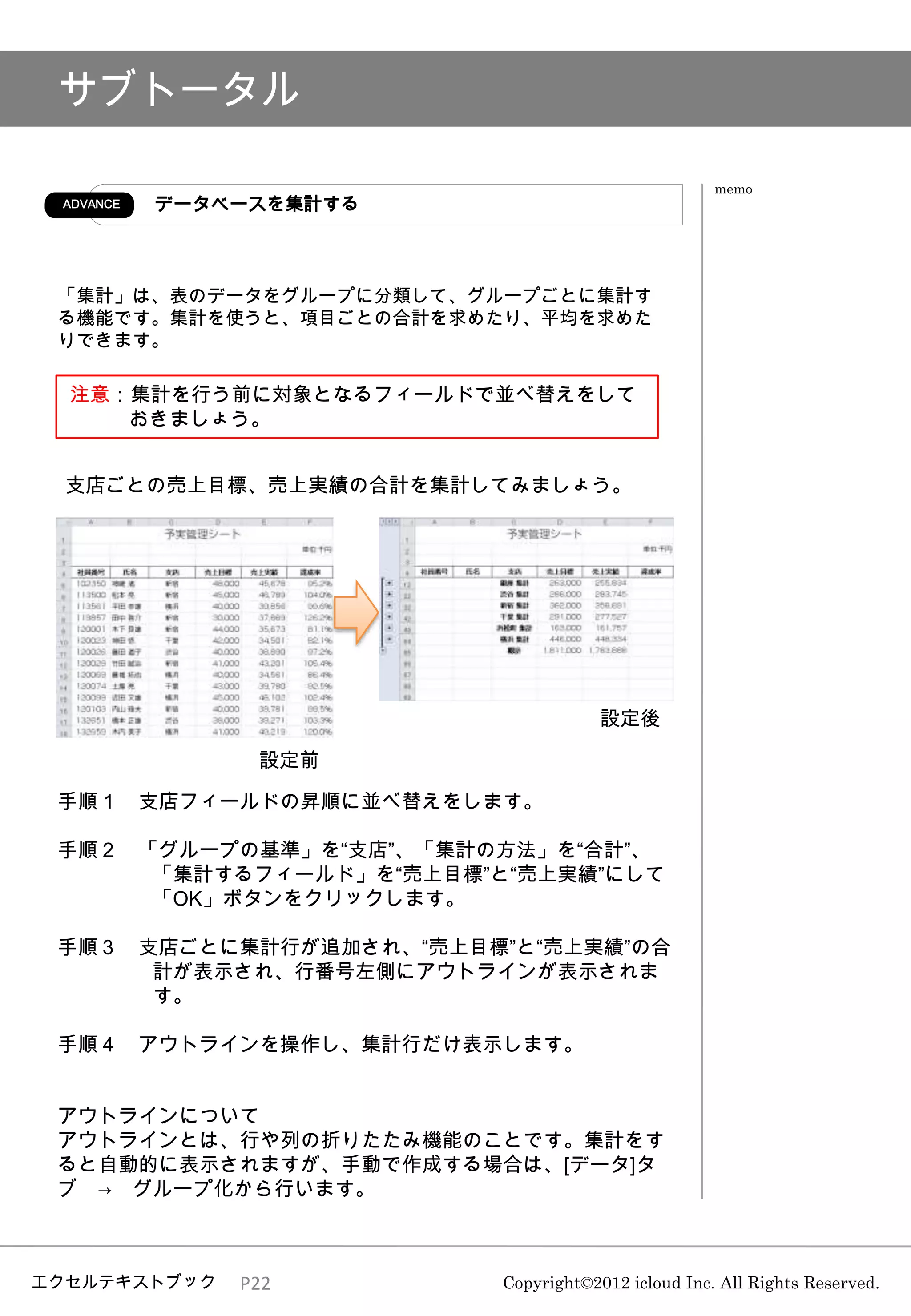 サブトータル

                                                   memo
 ADVANCE   データベースを集計する



 「集計」は、表のデータをグループに分類して、グループごとに集計す
 る機能です。集計を使うと、項目ごとの合計を求めたり、平均を求めた
 りできます。

  注意：集計を行う前に対象となるフィールドで並べ替えをして
     おきましょう。


  支店ごとの売上目標、売上実績の合計を集計してみましょう。




                                     設定後

                設定前

 手順１ 支店フィールドの昇順に並べ替えをします。

 手順２ 「グループの基準」を“支店”、「集計の方法」を“合計”、
      「集計するフィールド」を“売上目標”と“売上実績”にして
      「OK」ボタンをクリックします。

 手順３ 支店ごとに集計行が追加され、“売上目標”と“売上実績”の合
      計が表示され、行番号左側にアウトラインが表示されま
      す。

 手順４ アウトラインを操作し、集計行だけ表示します。


 アウトラインについて
 アウトラインとは、行や列の折りたたみ機能のことです。集計をす
 ると自動的に表示されますが、手動で作成する場合は、[データ]タ
 ブ → グループ化から行います。



エクセルテキストブック    P22       Copyright©2012 icloud Inc. All Rights Reserved.
 