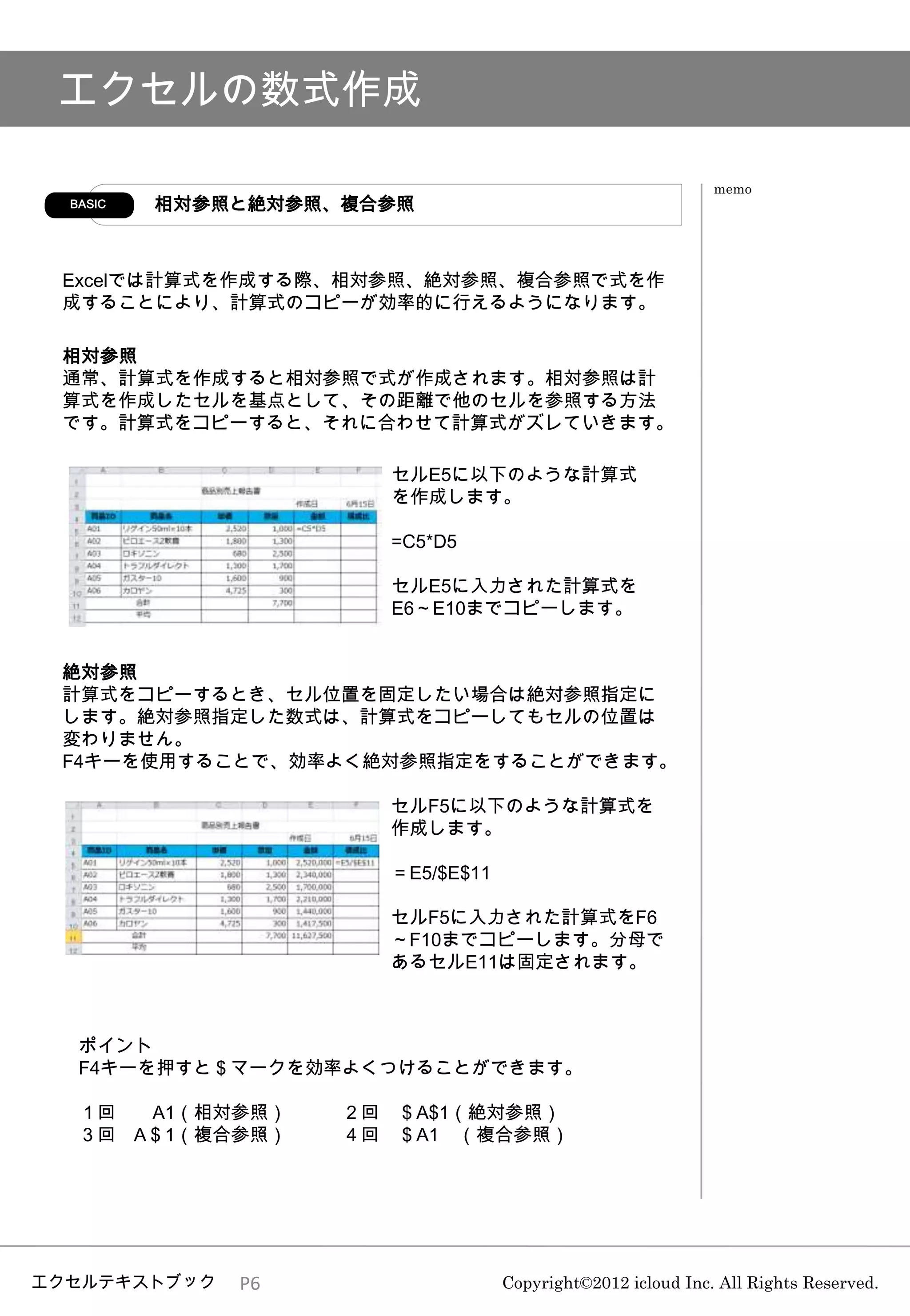 エクセルの数式作成

                                                            memo
  BASIC   相対参照と絶対参照、複合参照



 Excelでは計算式を作成する際、相対参照、絶対参照、複合参照で式を作
 成することにより、計算式のコピーが効率的に行えるようになります。

 相対参照
 通常、計算式を作成すると相対参照で式が作成されます。相対参照は計
 算式を作成したセルを基点として、その距離で他のセルを参照する方法
 です。計算式をコピーすると、それに合わせて計算式がズレていきます。

                      セルE5に以下のような計算式
                      を作成します。

                      =C5*D5

                      セルE5に入力された計算式を
                      E6～E10までコピーします。


 絶対参照
 計算式をコピーするとき、セル位置を固定したい場合は絶対参照指定に
 します。絶対参照指定した数式は、計算式をコピーしてもセルの位置は
 変わりません。
 F4キーを使用することで、効率よく絶対参照指定をすることができます。

                      セルF5に以下のような計算式を
                      作成します。

                      ＝E5/$E$11

                      セルF5に入力された計算式をF6
                      ～F10までコピーします。分母で
                      あるセルE11は固定されます。



   ポイント
   F4キーを押すと＄マークを効率よくつけることができます。

   １回  A1（相対参照）     ２回 ＄A$1（絶対参照）
   ３回 A＄1（複合参照）     ４回 ＄A1 （複合参照）




エクセルテキストブック   P6                  Copyright©2012 icloud Inc. All Rights Reserved.
 