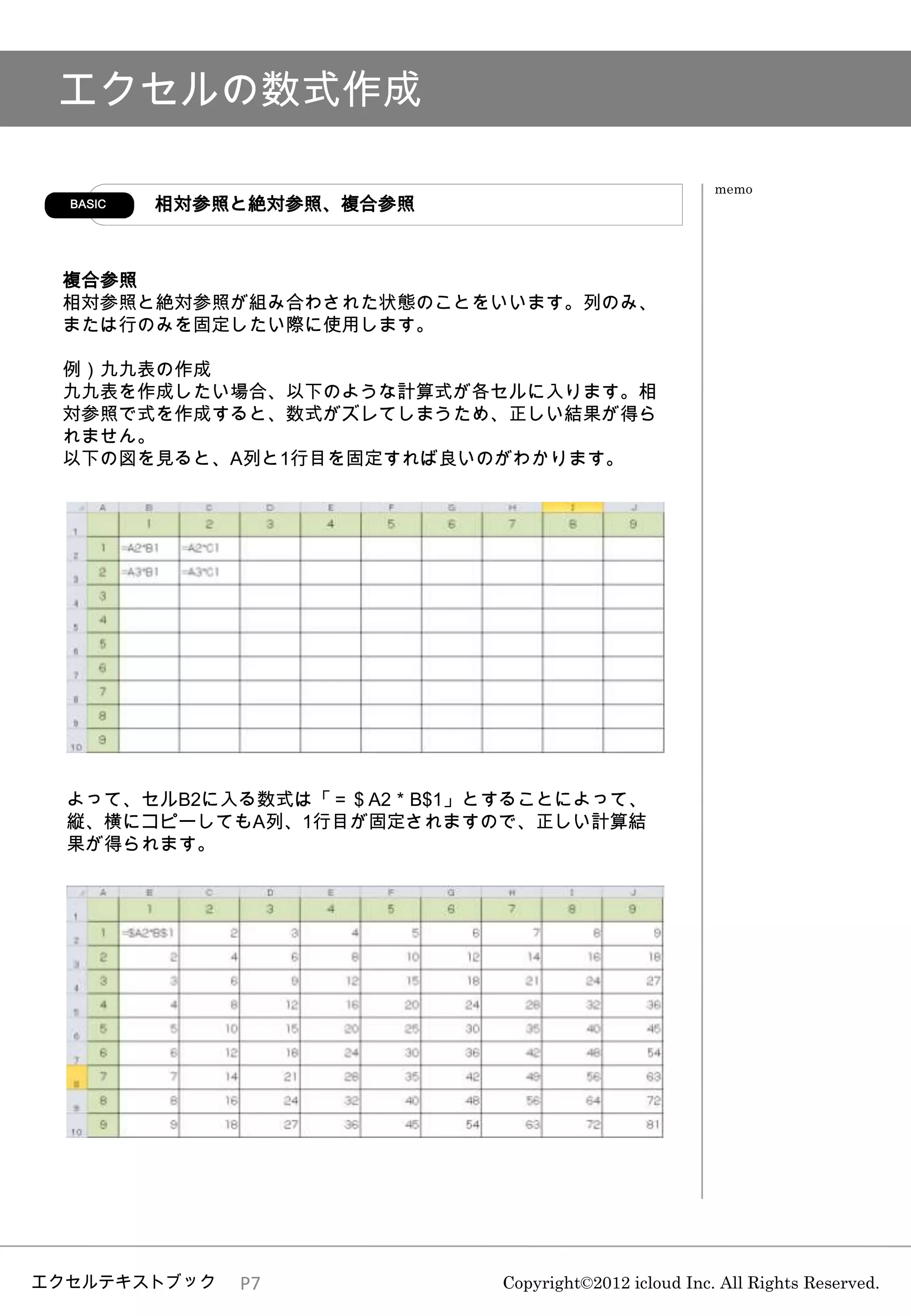 エクセルの数式作成

                                                     memo
  BASIC   相対参照と絶対参照、複合参照



 複合参照
 相対参照と絶対参照が組み合わされた状態のことをいいます。列のみ、
 または行のみを固定したい際に使用します。

 例）九九表の作成
 九九表を作成したい場合、以下のような計算式が各セルに入ります。相
 対参照で式を作成すると、数式がズレてしまうため、正しい結果が得ら
 れません。
 以下の図を見ると、A列と1行目を固定すれば良いのがわかります。




  よって、セルB2に入る数式は「＝＄A2＊B$1」とすることによって、
  縦、横にコピーしてもA列、1行目が固定されますので、正しい計算結
  果が得られます。




エクセルテキストブック   P7           Copyright©2012 icloud Inc. All Rights Reserved.
 